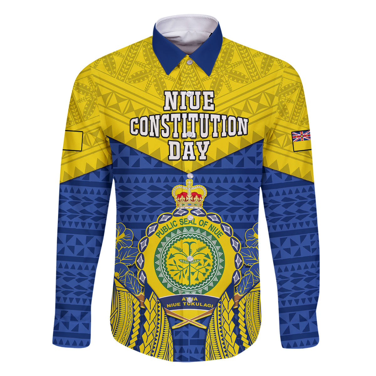 Personalized Niue Constitution Day Family Matching Mermaid Dress and Hawaiian Shirt Coat Of Arms Niuean Hiapo Pattern LT05 Dad's Shirt - Long Sleeve Yellow - Polynesian Pride