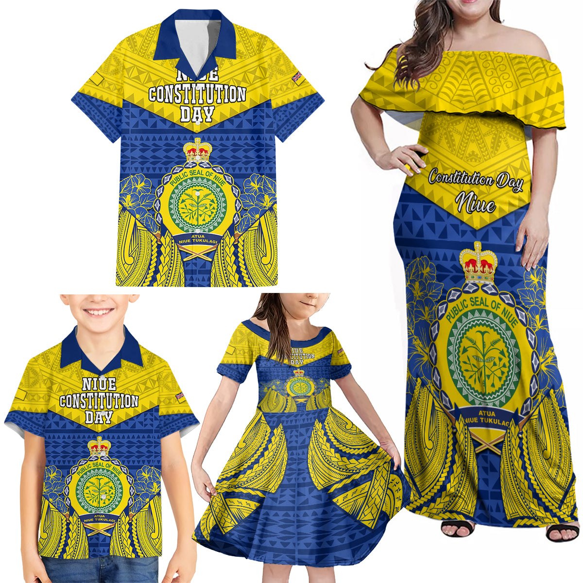 Personalized Niue Constitution Day Family Matching Off Shoulder Maxi Dress and Hawaiian Shirt Coat Of Arms Niuean Hiapo Pattern LT05 - Polynesian Pride