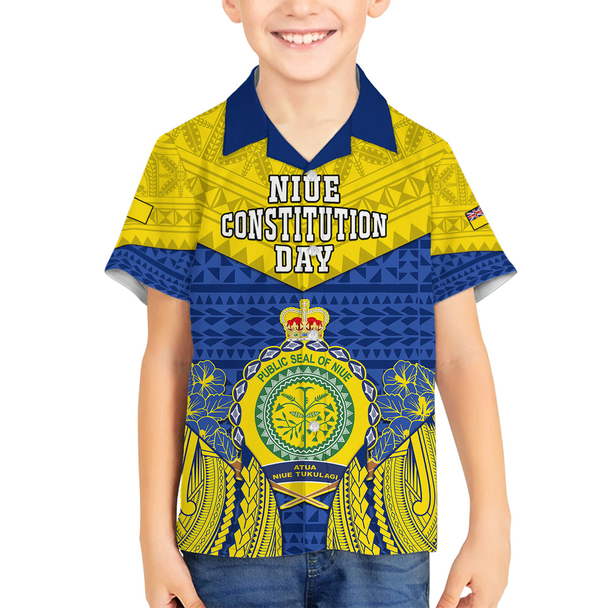Personalized Niue Constitution Day Family Matching Off Shoulder Maxi Dress and Hawaiian Shirt Coat Of Arms Niuean Hiapo Pattern LT05 Son's Shirt Yellow - Polynesian Pride