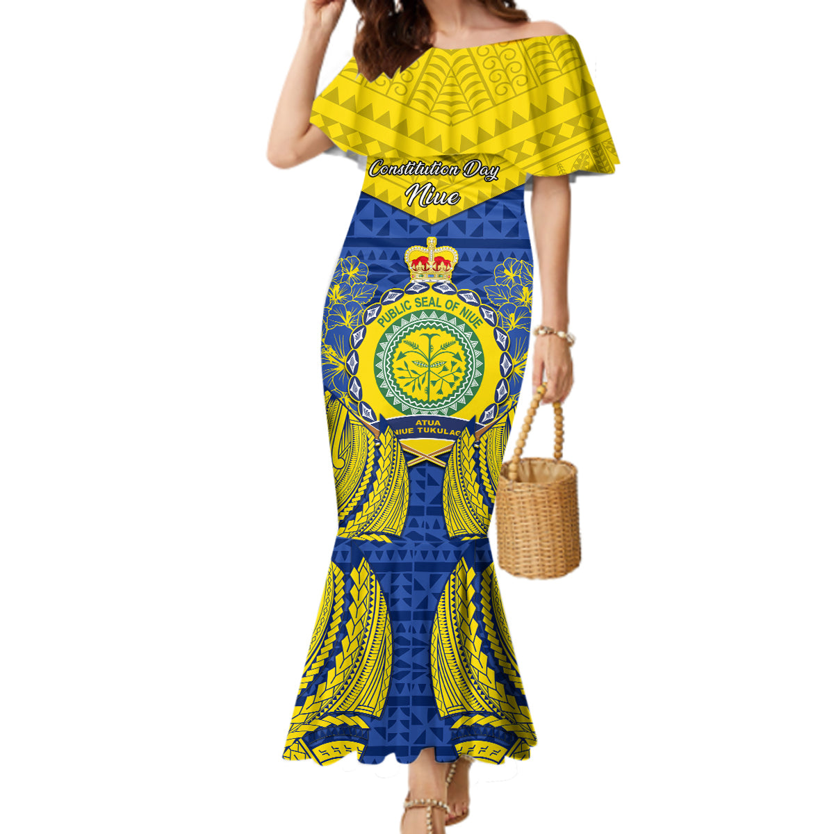 personalized-niue-constitution-day-mermaid-dress-coat-of-arms-niuean-hiapo-pattern