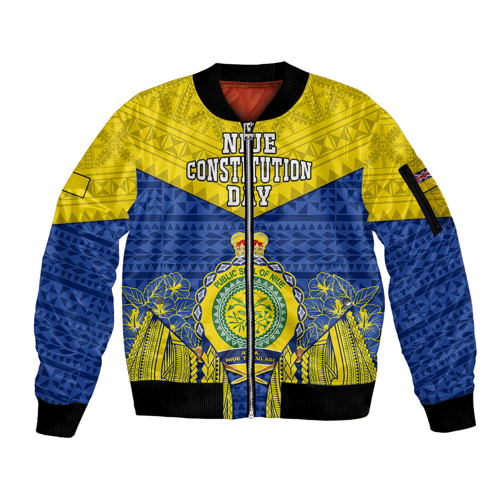 Personalized Niue Constitution Day Sleeve Zip Bomber Jacket Coat Of Arms Niuean Hiapo Pattern LT05 Unisex Yellow - Polynesian Pride
