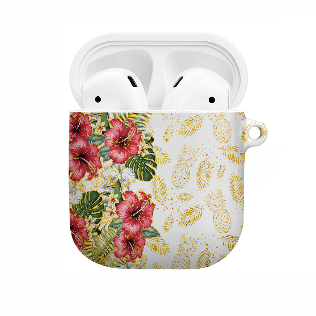 Hawaii Discoverers Day AirPods Case Tropical Hibiscus Glitter White