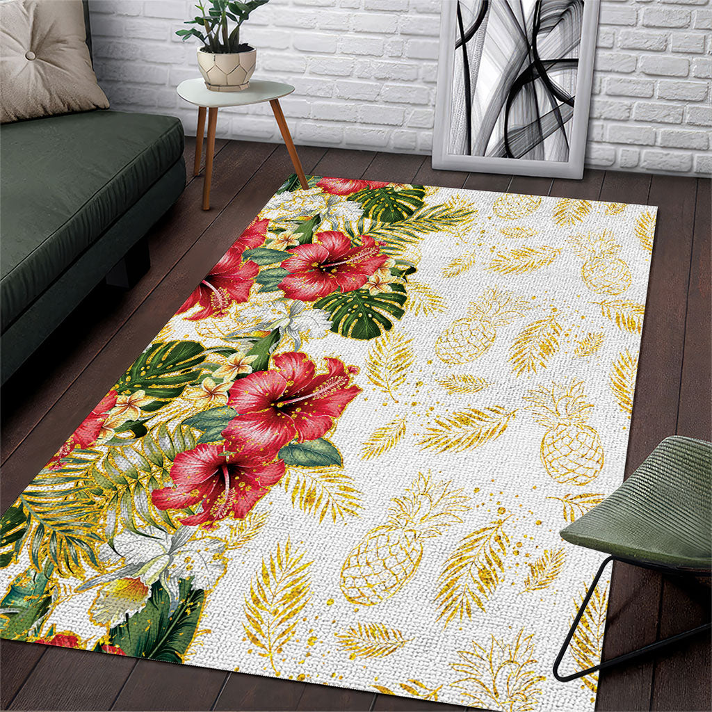 Hawaii Discoverers Day Area Rug Tropical Hibiscus Glitter White