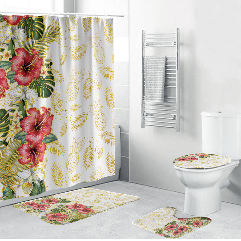 Hawaii Discoverers Day Bathroom Set Tropical Hibiscus Glitter White