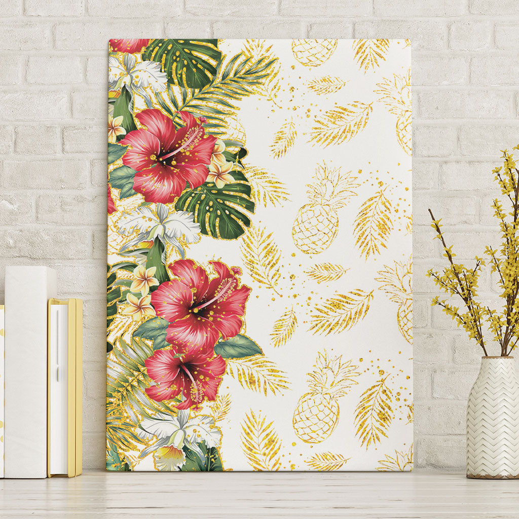 Hawaii Discoverers Day Canvas Wall Art Tropical Hibiscus Glitter White