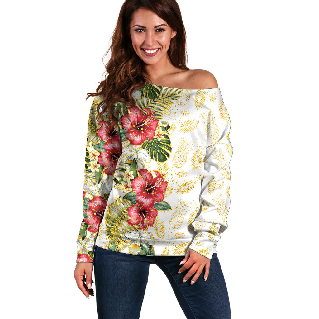 Hawaii Discoverers Day Off Shoulder Sweater Tropical Hibiscus Glitter White