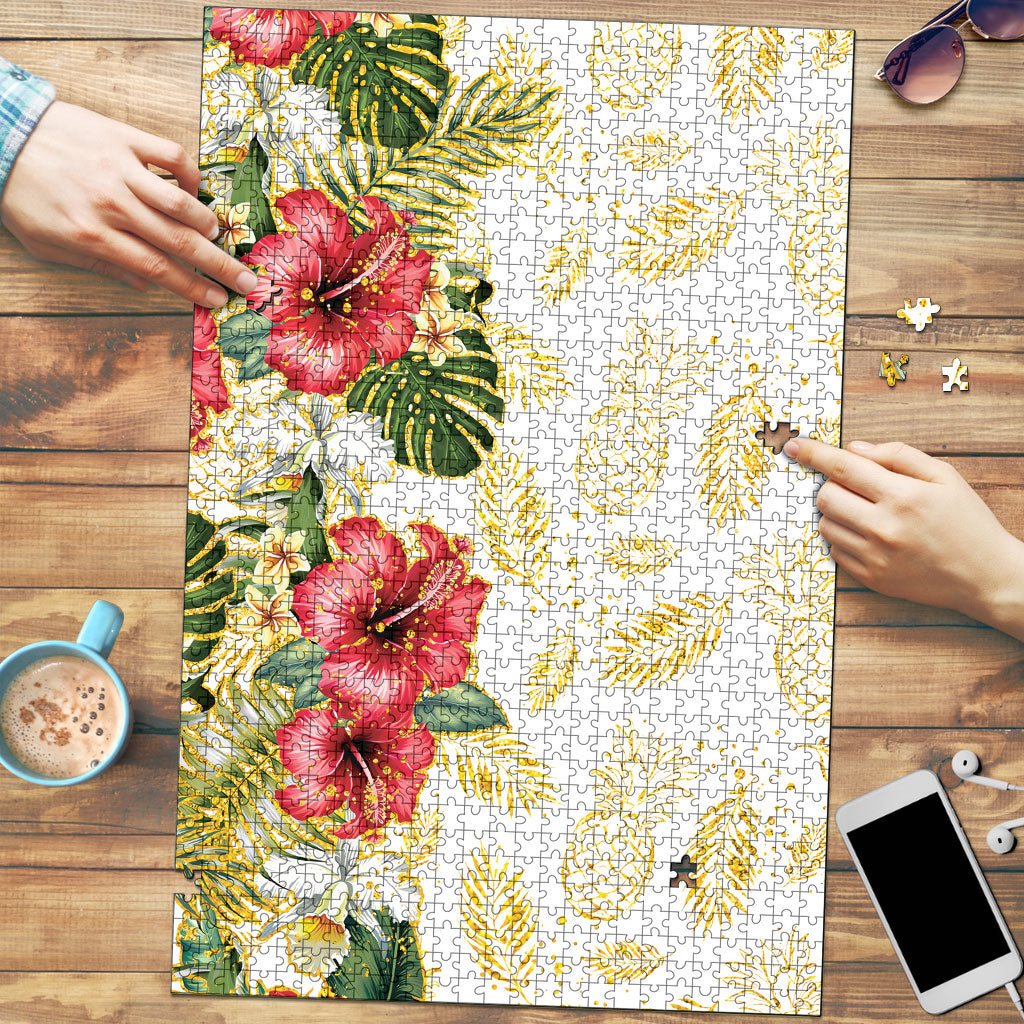 Hawaii Discoverers Day Puzzle Tropical Hibiscus Glitter White