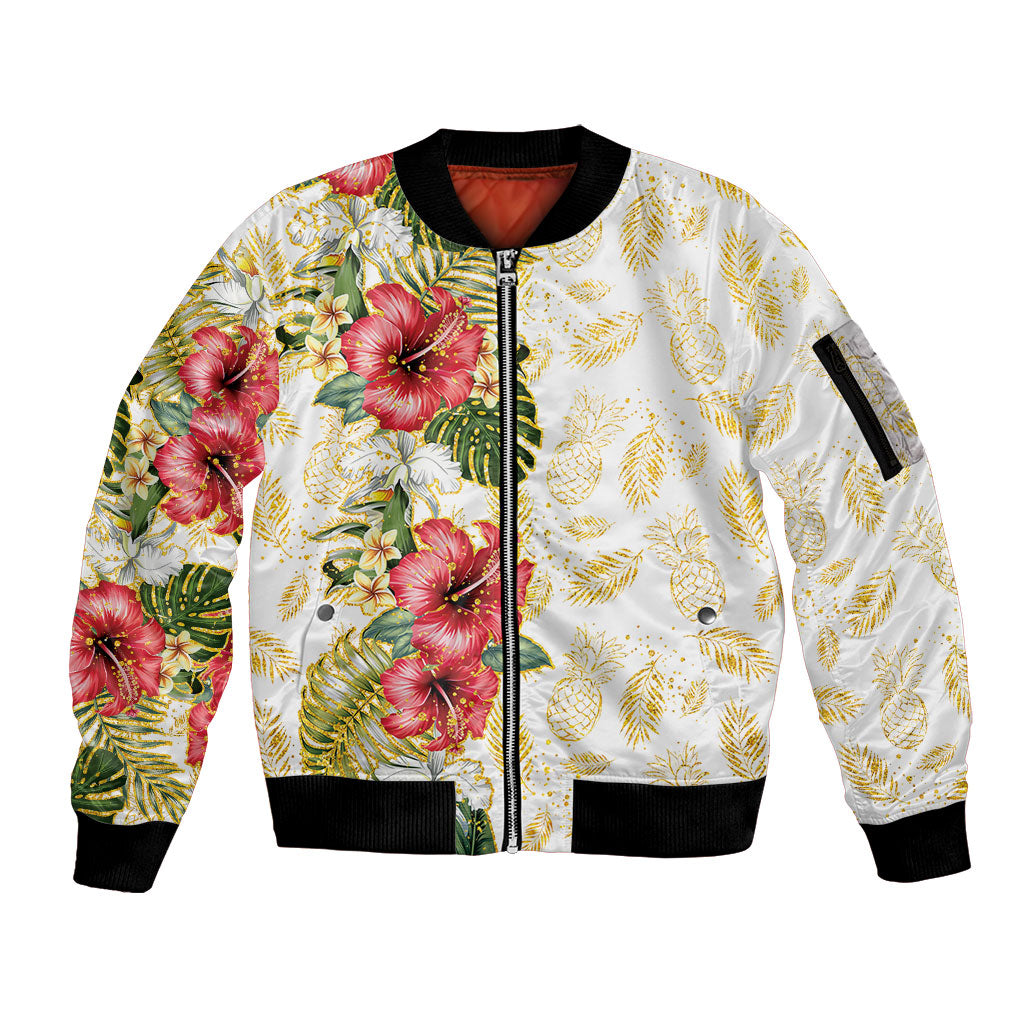 Hawaii Discoverers Day Sleeve Zip Bomber Jacket Tropical Hibiscus Glitter White