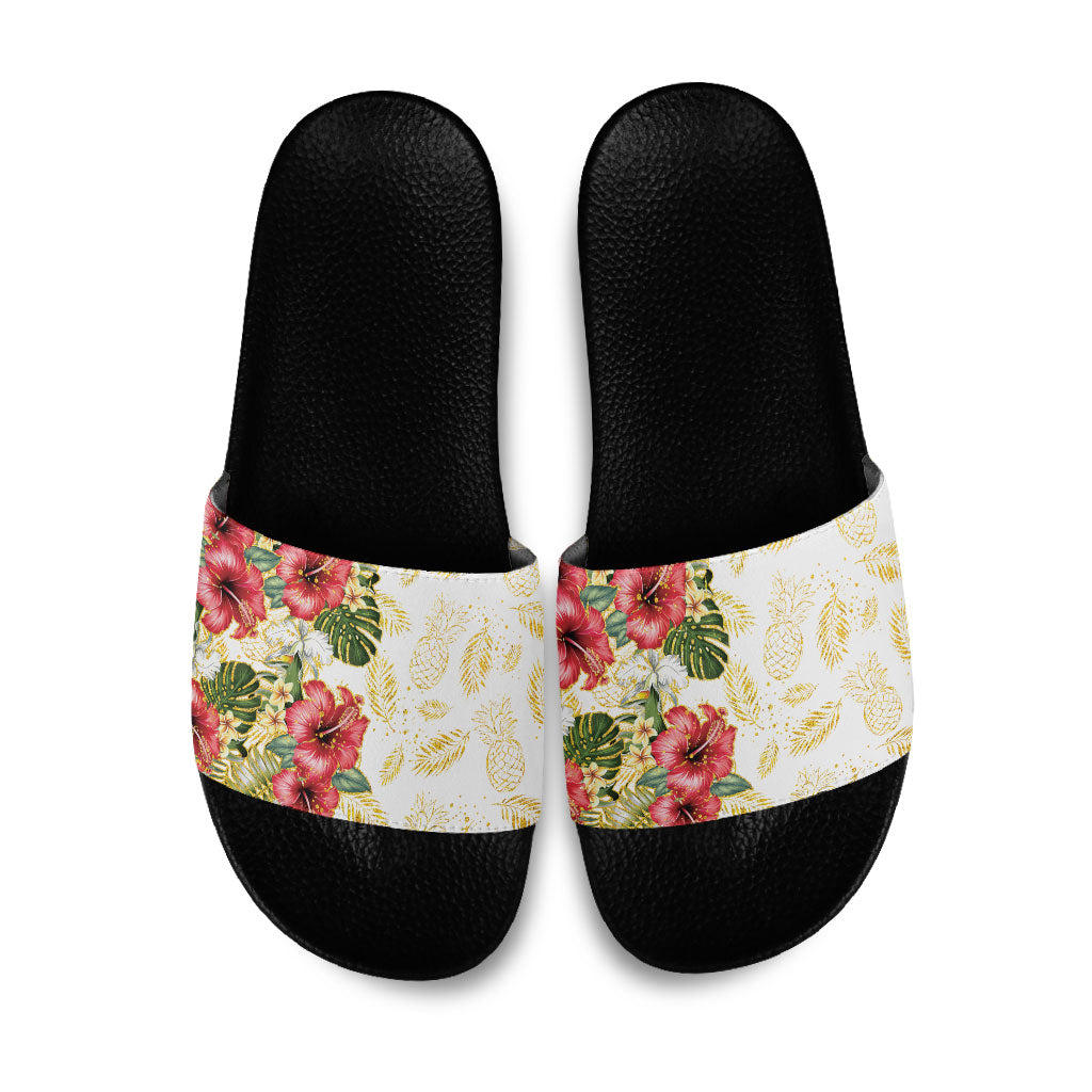 Hawaii Discoverers Day Slide Sandals Tropical Hibiscus Glitter White