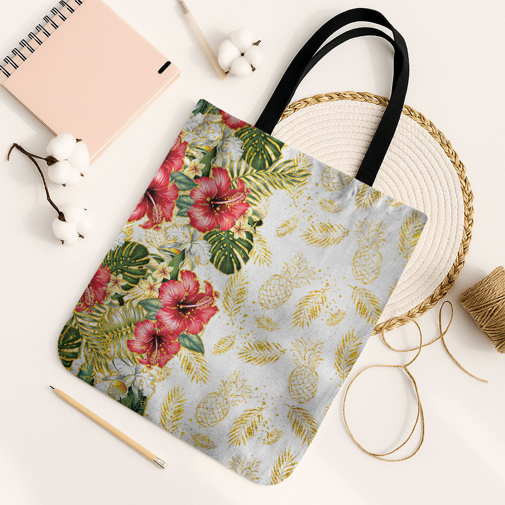 Hawaii Discoverers Day Tote Bag Tropical Hibiscus Glitter White