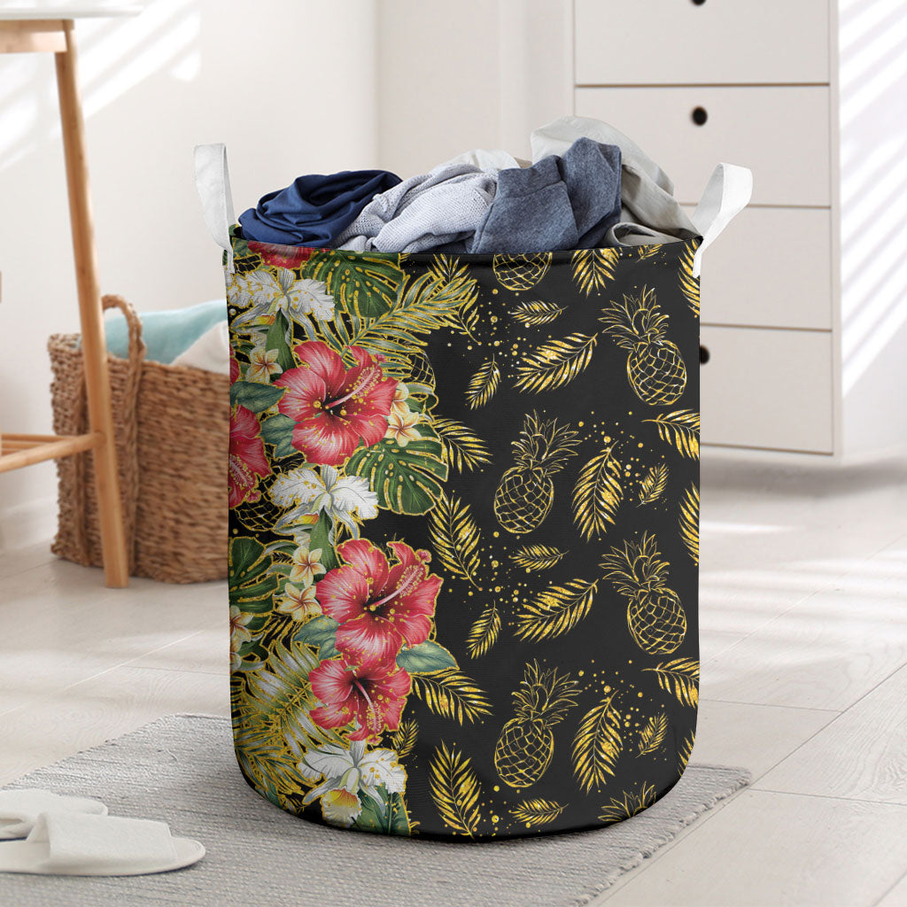 Hawaii Discoverers Day Laundry Basket Tropical Hibiscus Glitter Black