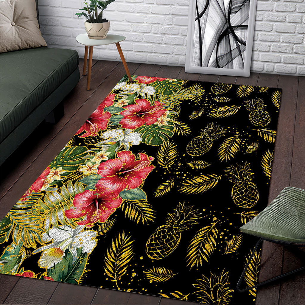 Hawaii Discoverers Day Area Rug Tropical Hibiscus Glitter Black