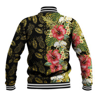Hawaii Discoverers Day Baseball Jacket Tropical Hibiscus Glitter Black LT05 - Polynesian Pride