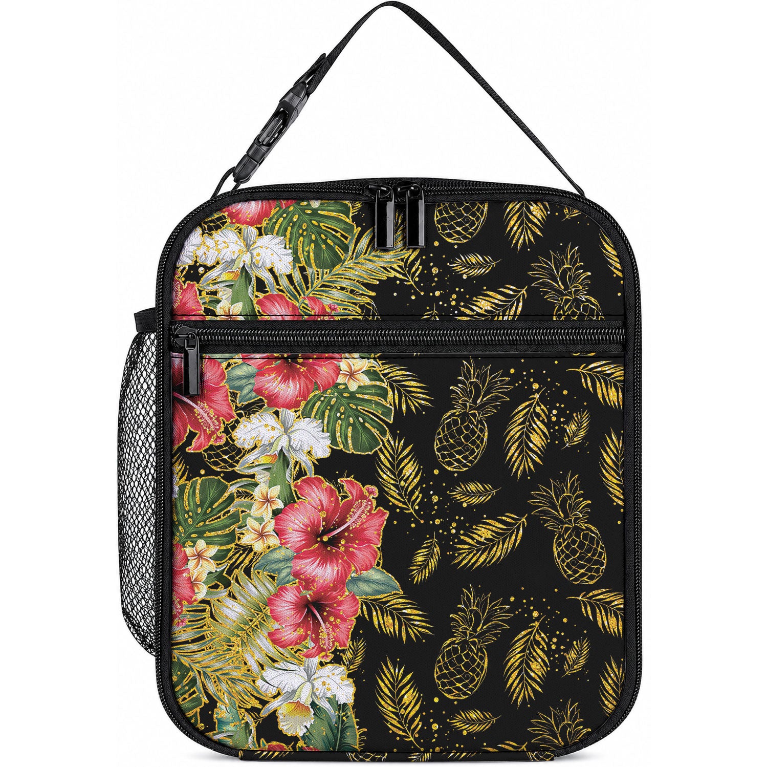 Hawaii Discoverers Day Lunch Bag Tropical Hibiscus Glitter Black