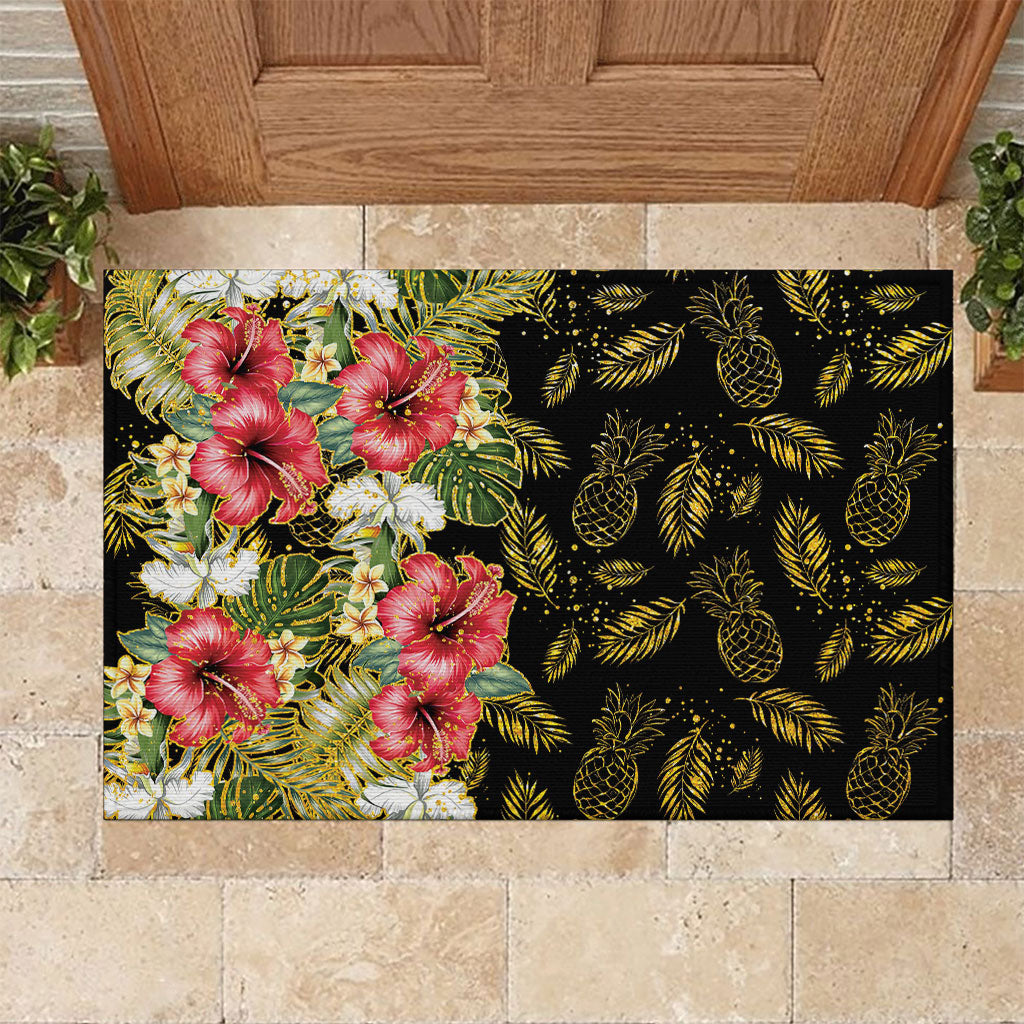 Hawaii Discoverers Day Rubber Doormat Tropical Hibiscus Glitter Black