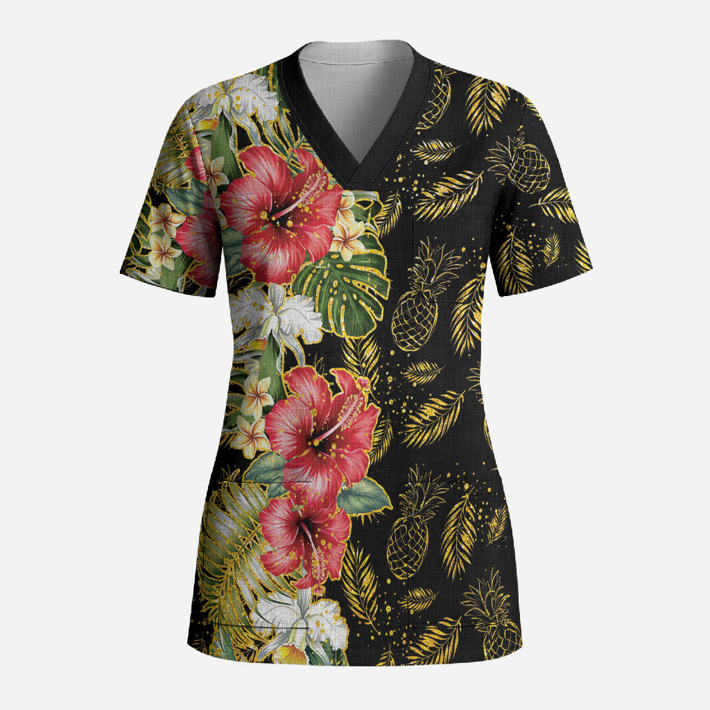 Hawaii Discoverers Day Scrub Top Tropical Hibiscus Glitter Black LT05 Adult Black - Polynesian Pride