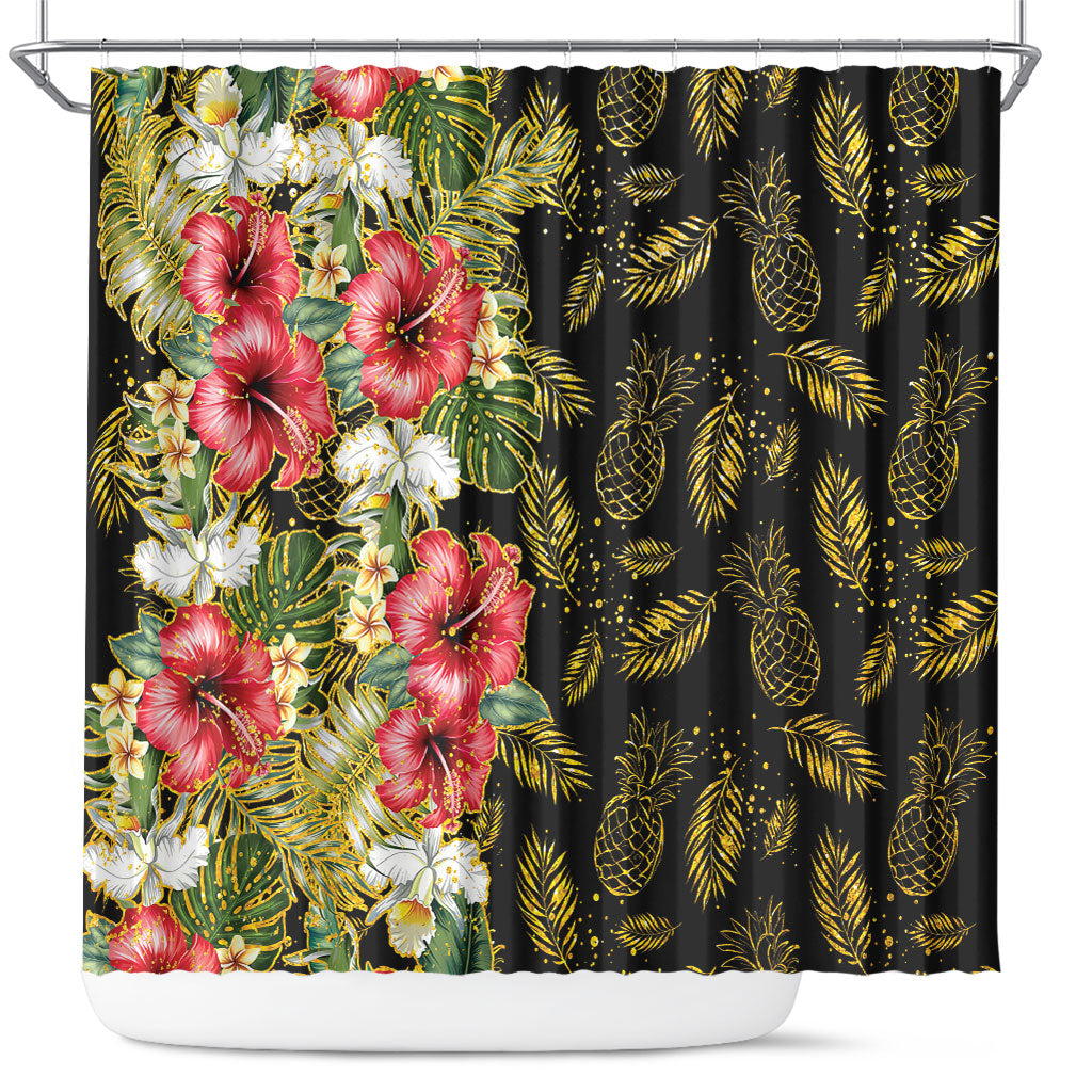 Hawaii Discoverers Day Shower Curtain Tropical Hibiscus Glitter Black