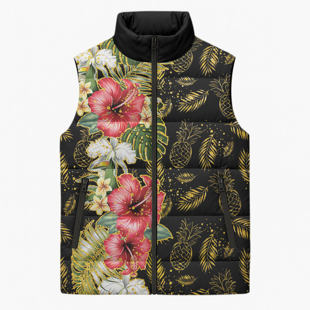 Hawaii Discoverers Day Sleeveless Puffer Jacket Tropical Hibiscus Glitter Black