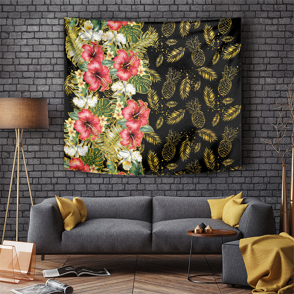Hawaii Discoverers Day Tapestry Tropical Hibiscus Glitter Black