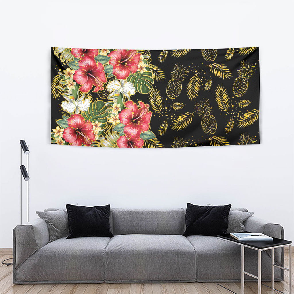 Hawaii Discoverers Day Tapestry Tropical Hibiscus Glitter Black LT05 - Polynesian Pride