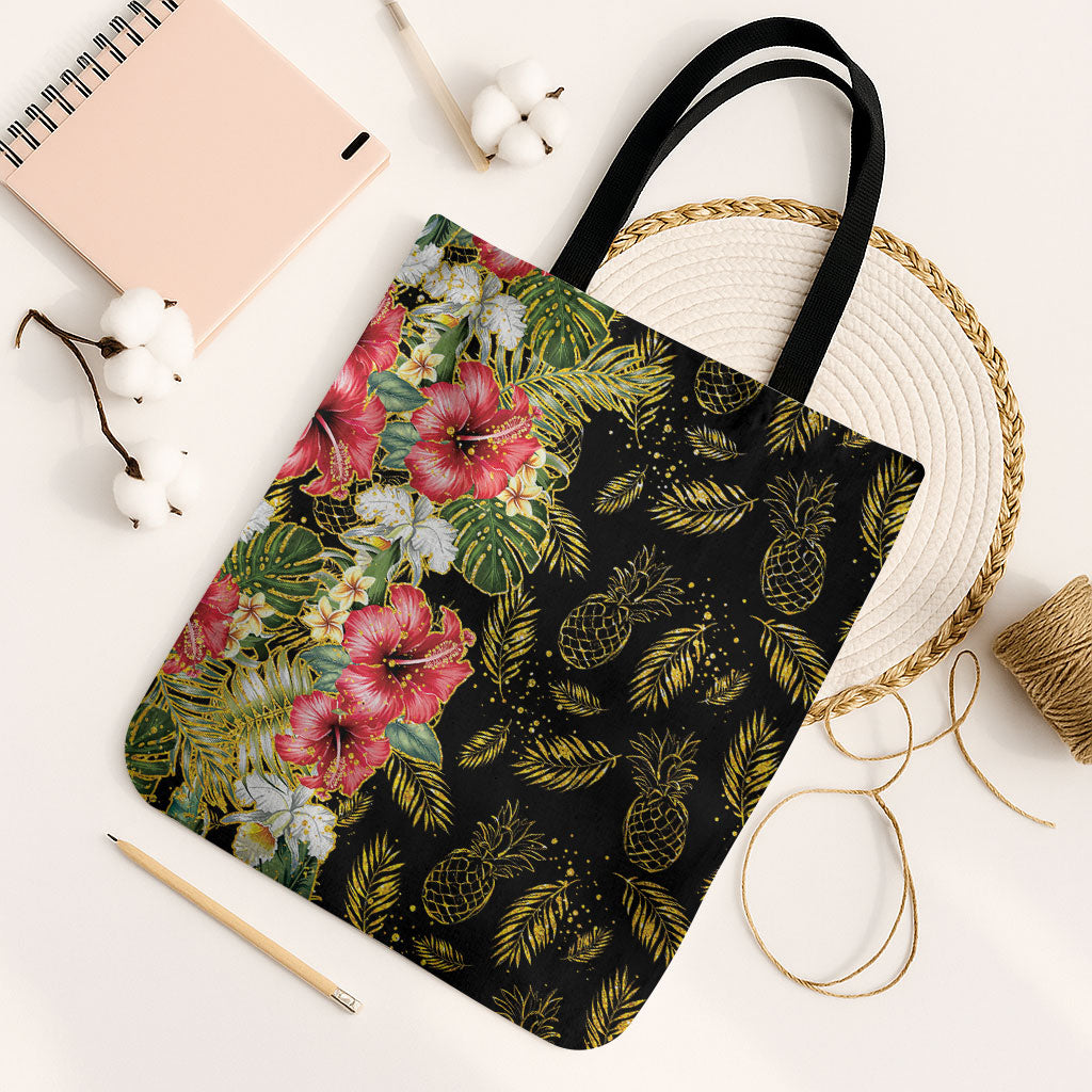 Hawaii Discoverers Day Tote Bag Tropical Hibiscus Glitter Black