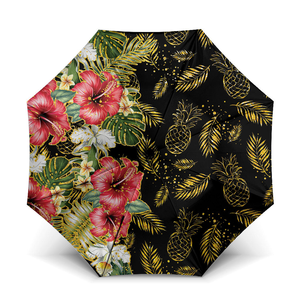 Hawaii Discoverers Day Umbrella Tropical Hibiscus Glitter Black
