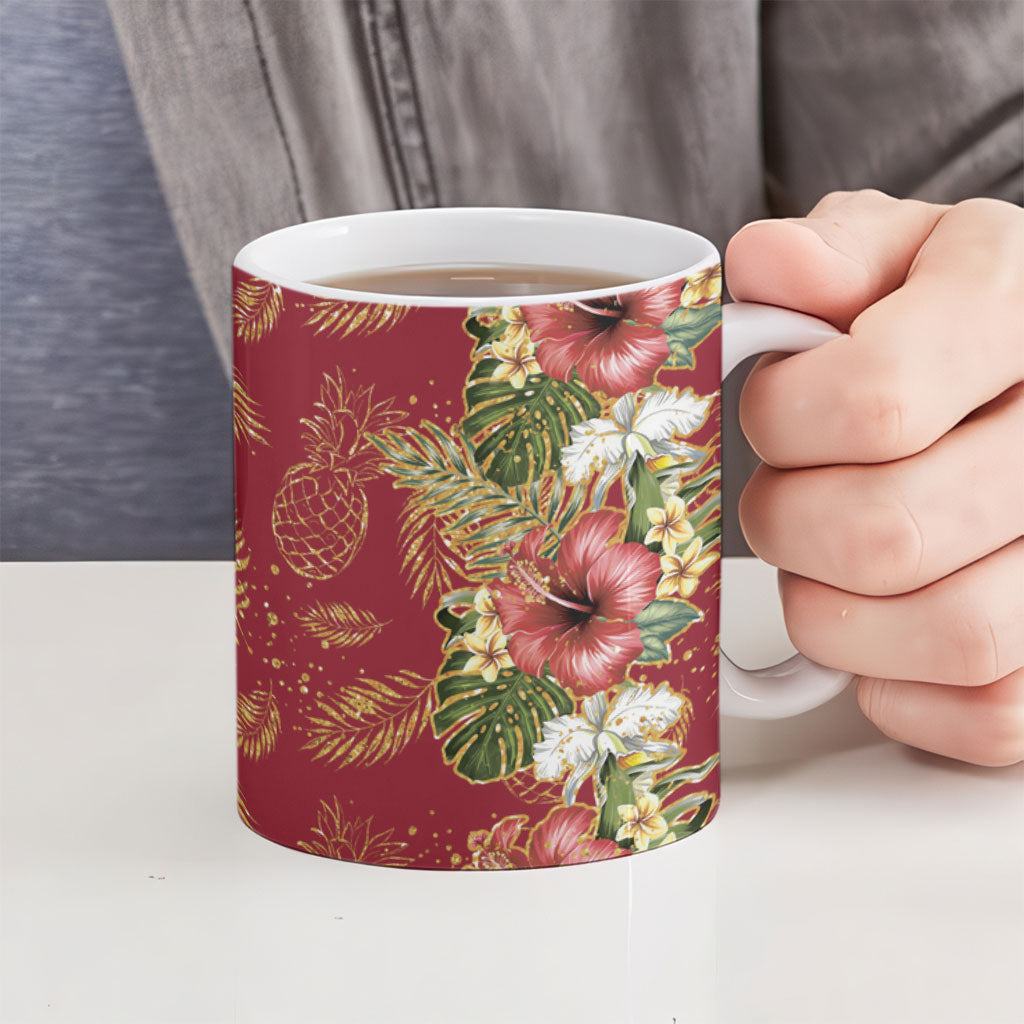 Hawaii Discoverers Day Ceramic Mug Tropical Hibiscus Glitter Crimson LT05 - Polynesian Pride