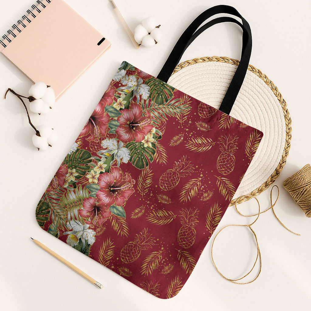 Hawaii Discoverers Day Tote Bag Tropical Hibiscus Glitter Crimson
