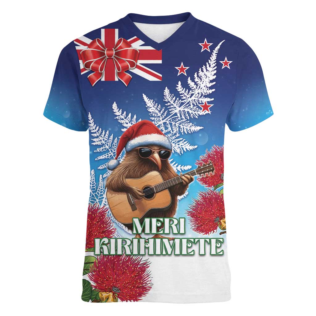 New Zealand Kiwi Christmas Women V-Neck T-Shirt Xmas Vibe LT05 Female Blue - Polynesian Pride