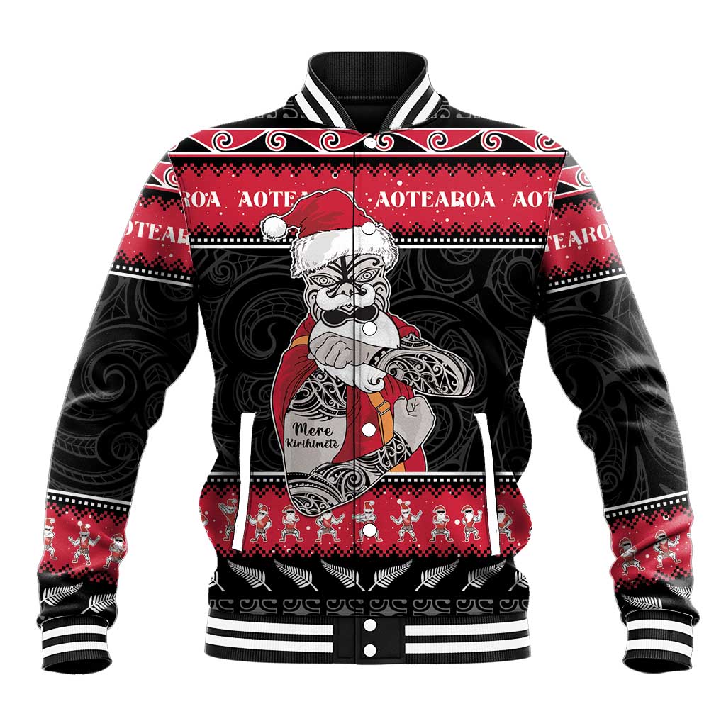 New Zealand Santa Tiki Christmas Baseball Jacket Meri Kirihimete LT05 Unisex Black - Polynesian Pride