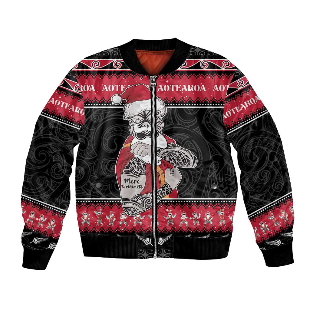 New Zealand Santa Tiki Christmas Bomber Jacket Meri Kirihimete