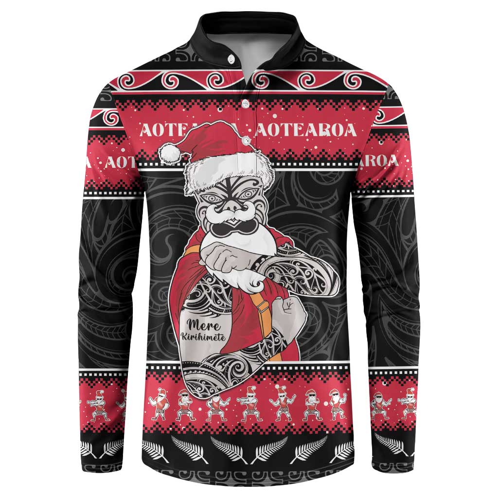 New Zealand Santa Tiki Christmas Button Sweatshirt Meri Kirihimete LT05 Black - Polynesian Pride
