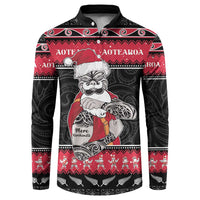 New Zealand Santa Tiki Christmas Button Sweatshirt Meri Kirihimete LT05 Black - Polynesian Pride