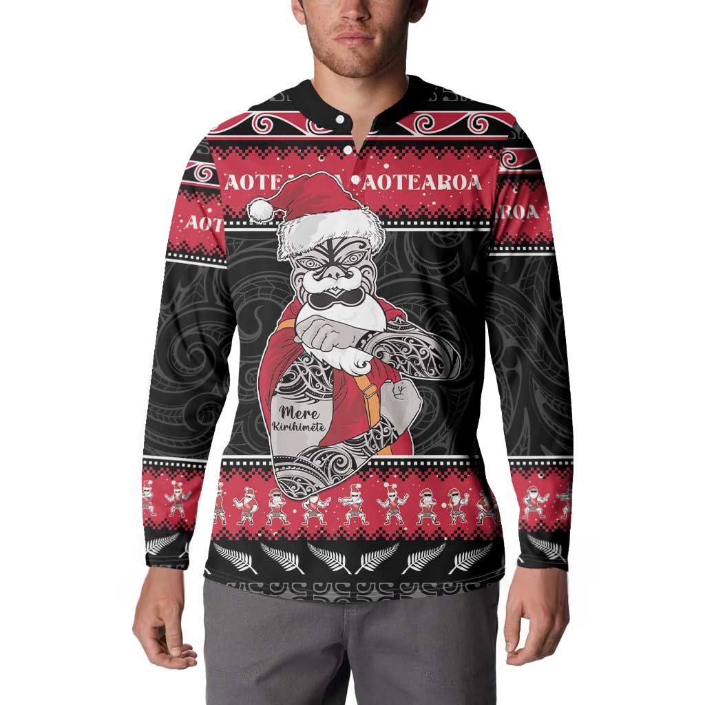 New Zealand Santa Tiki Christmas Button Sweatshirt Meri Kirihimete LT05 - Polynesian Pride