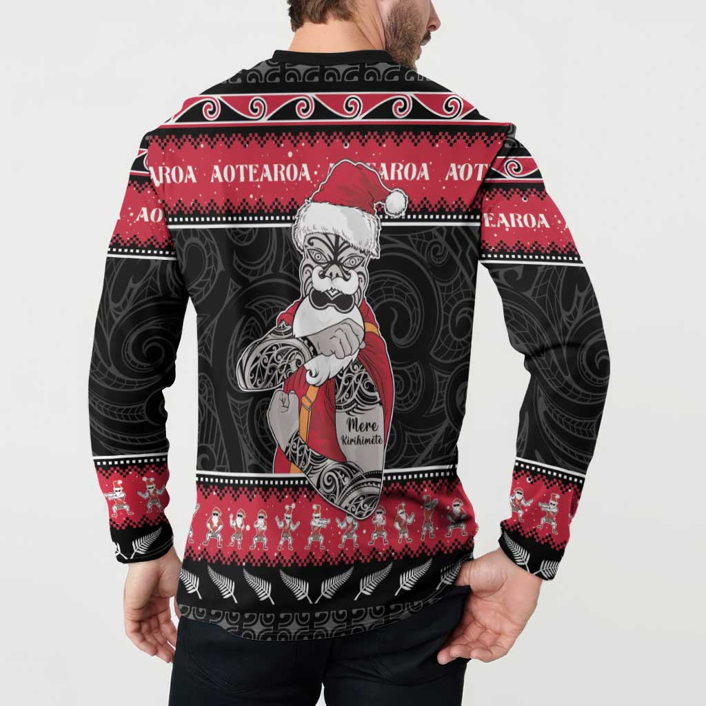 New Zealand Santa Tiki Christmas Button Sweatshirt Meri Kirihimete LT05 - Polynesian Pride