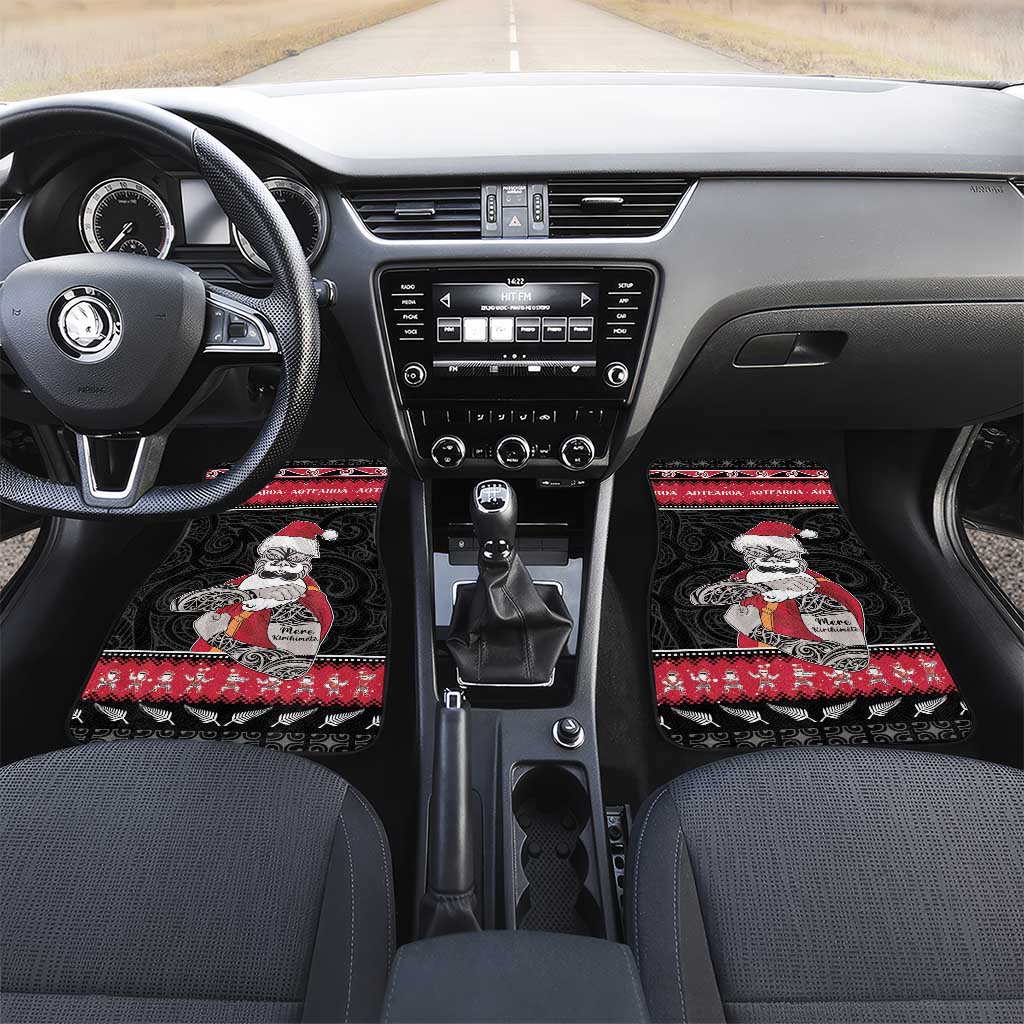 New Zealand Santa Tiki Christmas Car Mats Meri Kirihimete LT05 Set 2pcs - Front Black - Polynesian Pride