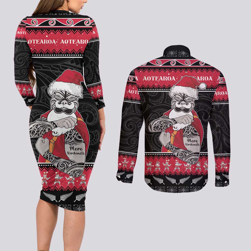 New Zealand Santa Tiki Christmas Couples Matching Long Sleeve Bodycon Dress and Long Sleeve Button Shirt Meri Kirihimete
