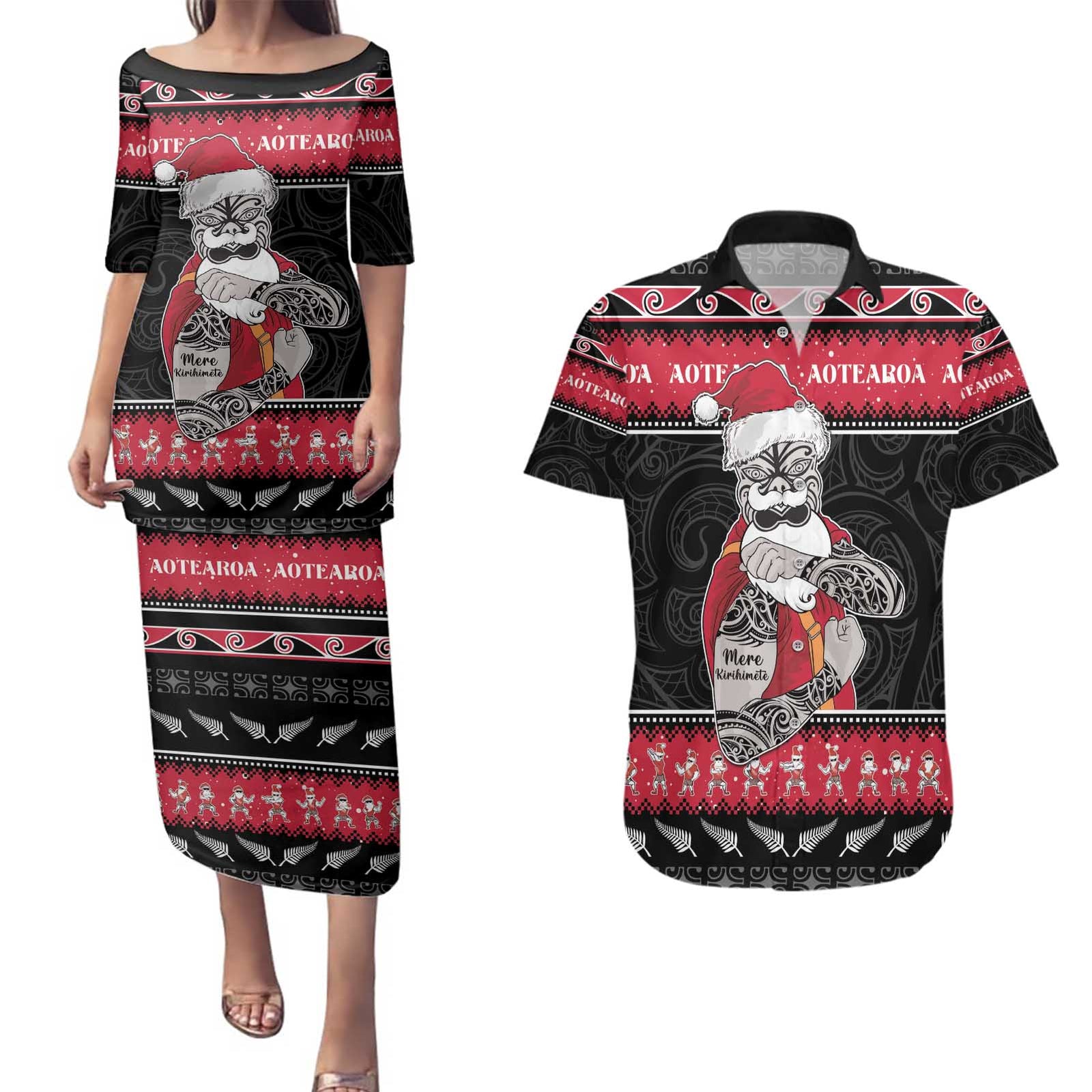 New Zealand Santa Tiki Christmas Couples Matching Puletasi and Hawaiian Shirt Meri Kirihimete LT05 Black - Polynesian Pride