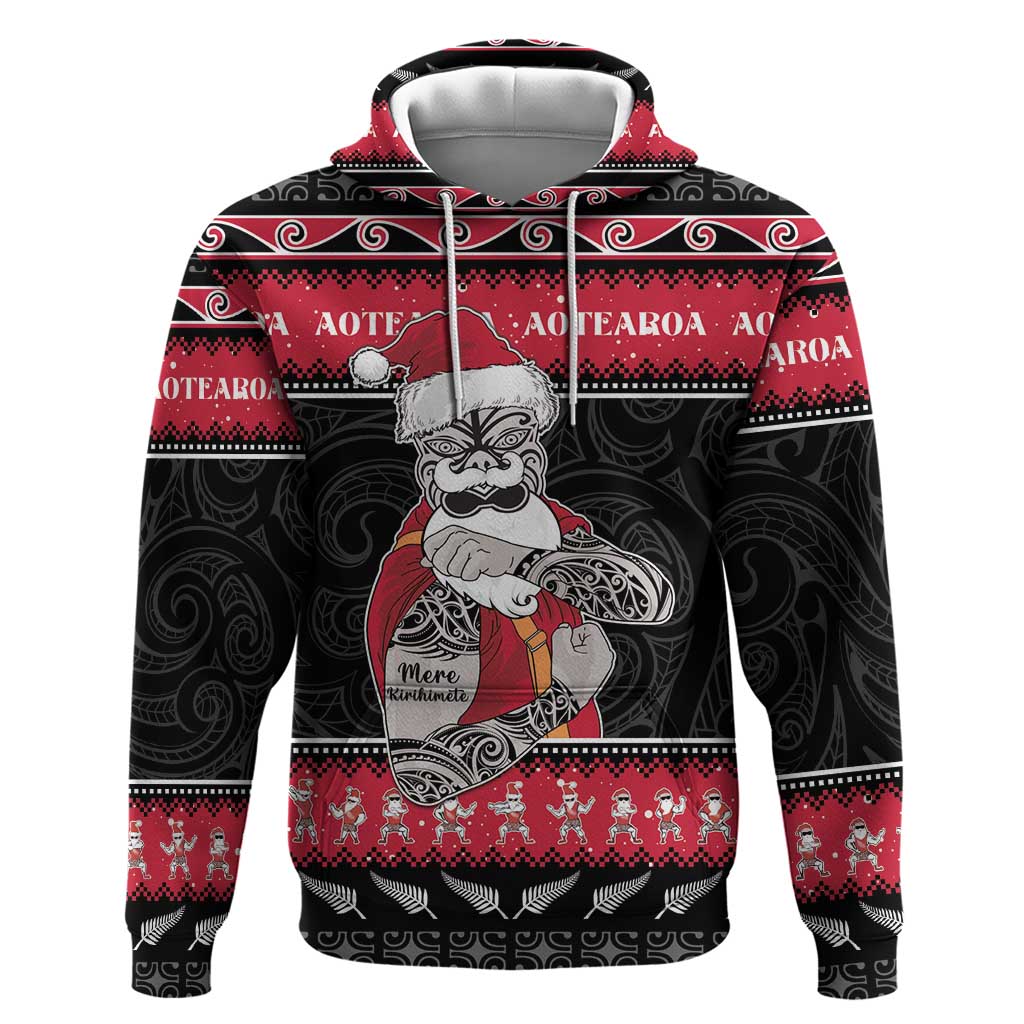 New Zealand Santa Tiki Christmas Hoodie Meri Kirihimete LT05 Pullover Hoodie Black - Polynesian Pride