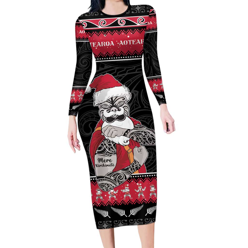 New Zealand Santa Tiki Christmas Long Sleeve Bodycon Dress Meri Kirihimete