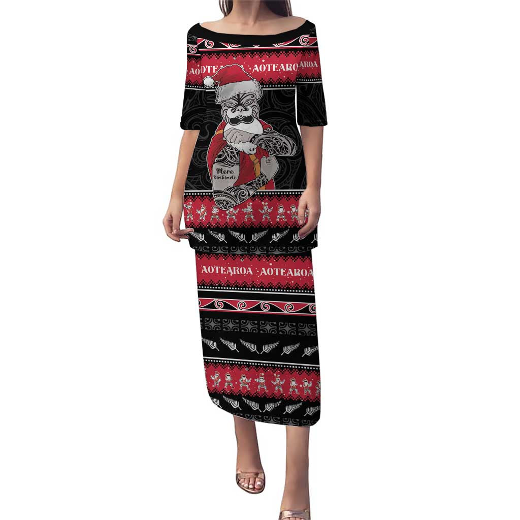 New Zealand Santa Tiki Christmas Puletasi Meri Kirihimete LT05 Long Dress Black - Polynesian Pride