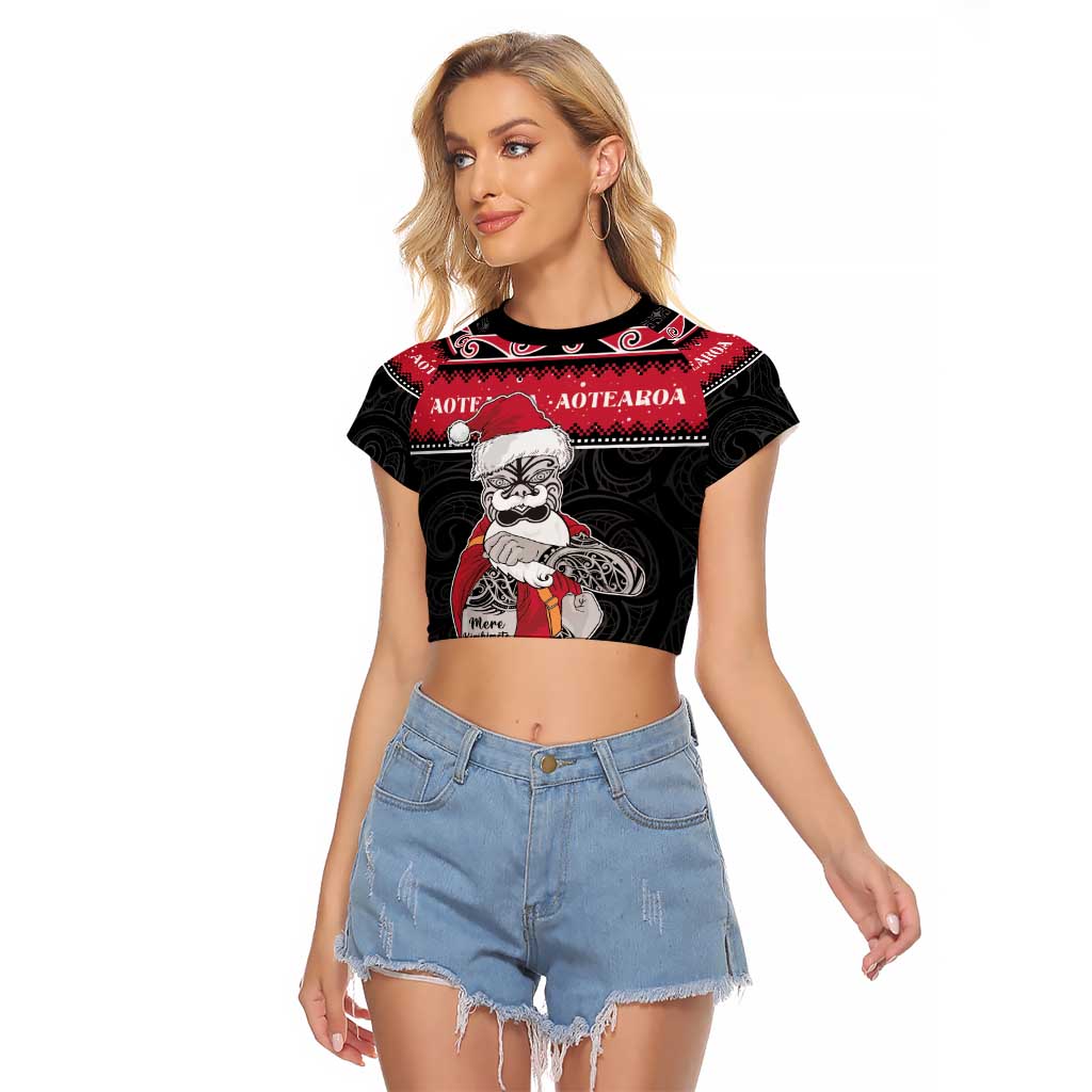 New Zealand Santa Tiki Christmas Raglan Cropped T Shirt Meri Kirihimete LT05 Female Black - Polynesian Pride