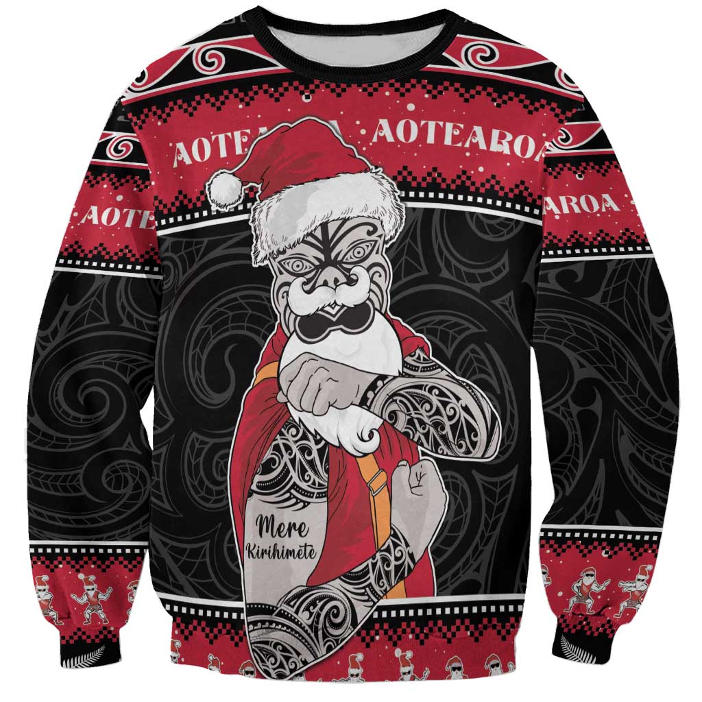 New Zealand Santa Tiki Christmas Sweatshirt Meri Kirihimete LT05 Unisex Black - Polynesian Pride