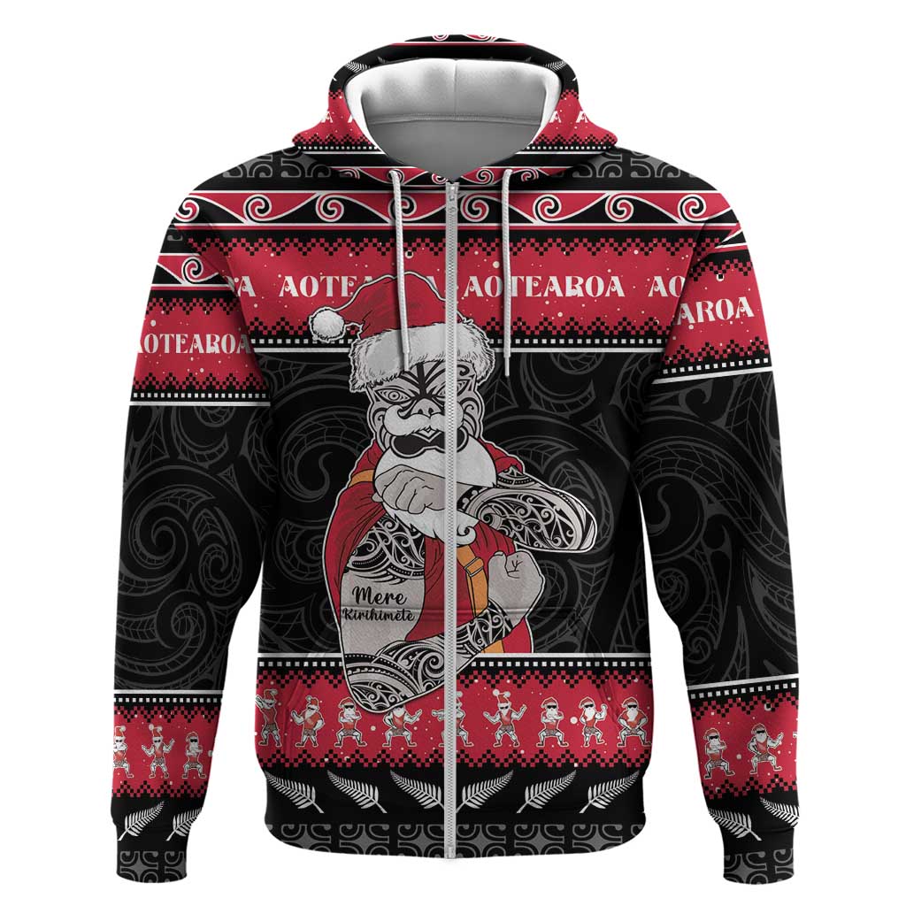 New Zealand Santa Tiki Christmas Zip Hoodie Meri Kirihimete