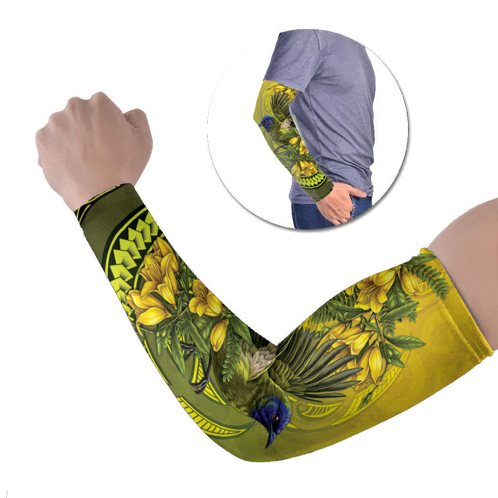New Zealand Bellbird Arm Sleeves With Kowhai Flowers LT05 Set of 2 Yellow - Polynesian Pride