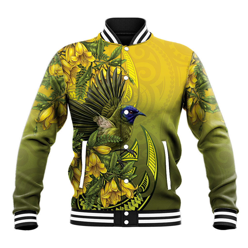 New Zealand Bellbird Baseball Jacket With Kowhai Flowers LT05 Unisex Yellow - Polynesian Pride