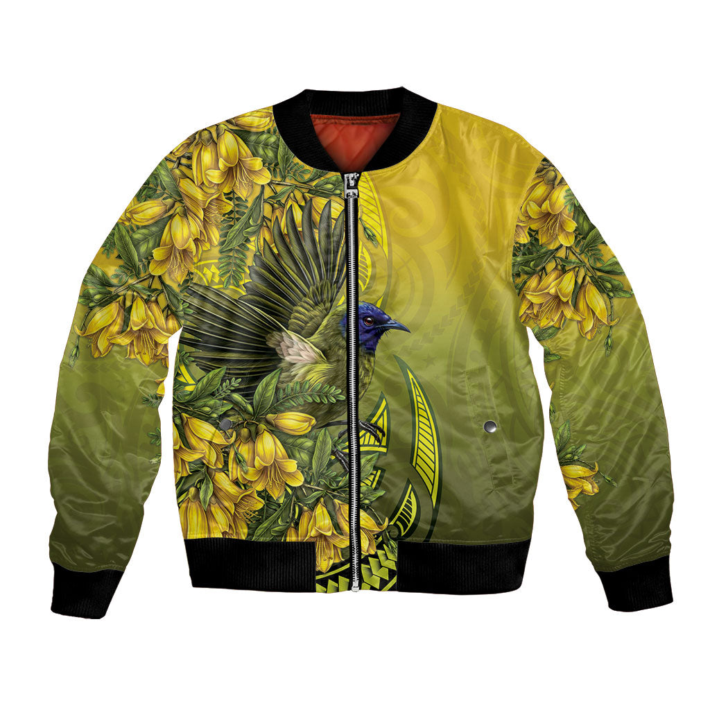 New Zealand Bellbird Bomber Jacket With Kowhai Flowers