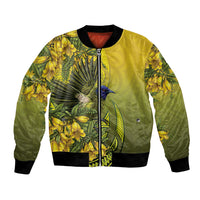 New Zealand Bellbird Bomber Jacket With Kowhai Flowers LT05 Unisex Yellow - Polynesian Pride