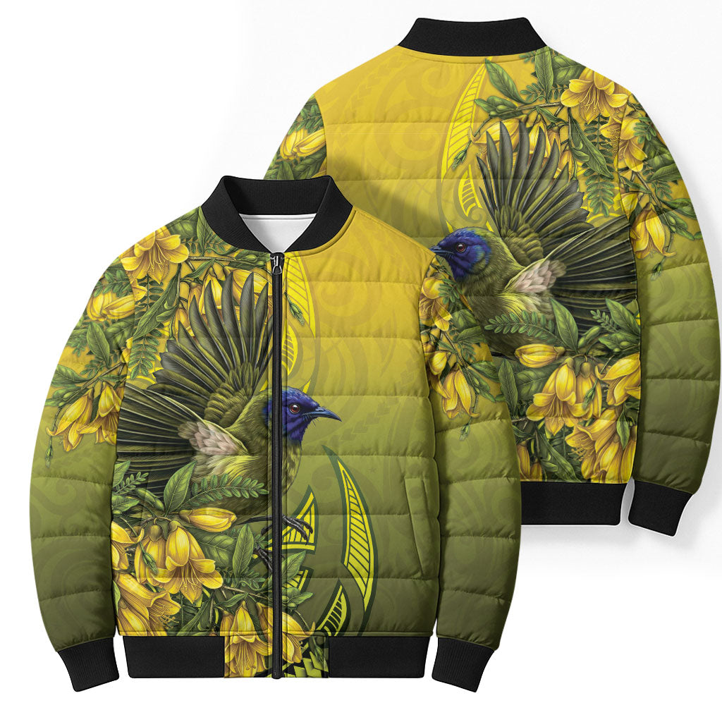 New Zealand Bellbird Bomber Puffer Jacket With Kowhai Flowers LT05 - Polynesian Pride