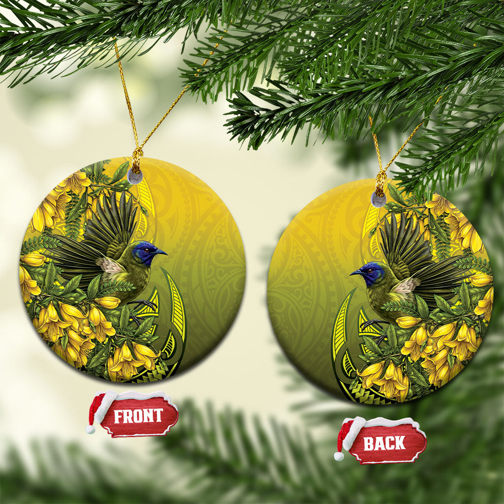 New Zealand Bellbird Ceramic Ornament With Kowhai Flowers LT05 Circle Yellow - Polynesian Pride